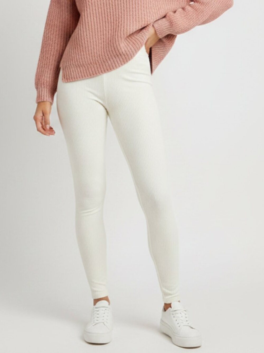 Naked Wardrobe High‑Waisted Ribbed Leggings – Cream – Size M – NWOT